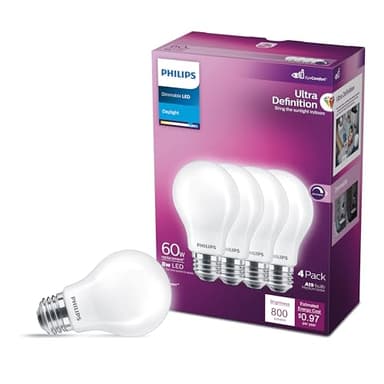 PHILIPS LED 60W A19 4-Pack Ultra Definition Daylight (5000K) 800 Lumen (8W = 60W) Dimmable Frosted Flicker-Free Light Bulbs
