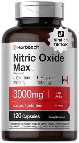 Horbäach Nitric Oxide Supplement | 3000mg | 120 Capsules | Pre Workout with L Arginine and L Citrulline for Men and Women | Non-GMO, Gluten Free Formula