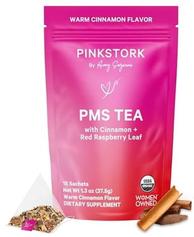 Pink Stork Organic PMS Tea for Hormone Balance, Mood Swings, Bloating, and Period Regularity - 8 Herbs - Vitex, Red Raspberry Leaf, Chamomile - Caffeine-Free - 15 Sachets, Hot or Iced