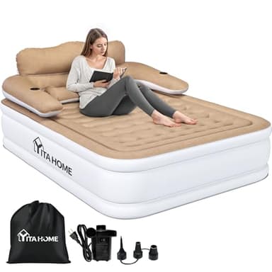 YITAHOME Queen Size Air Mattress with Headboard and Built-in Pump, 18in Blow Up Mattress with Carry Bag, Repair Kit, and Nozzles for Home, Camping, and Travel, Brown