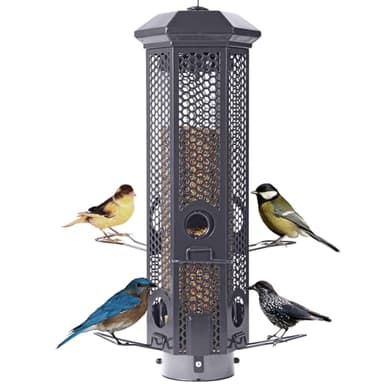 Squirrel Proof Bird Feeders with Removable Base, Metal Wild Bird Feeder for Outdoors Hanging, 6 Weight-Activated Ports Perches, 3LB Seed Capacity(Gray)