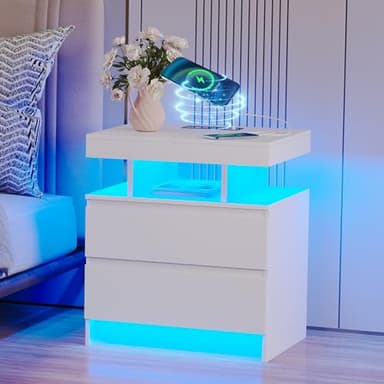 dnbss Nightstand with Charging Station and LED Light, Modern Night Stand with 2 Drawers, Smart Nightstand with USB Ports and Wireless Charger, Bedside Table for Bedroom, White