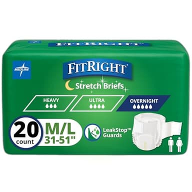 Medline FitRight Extended Wear Stretch Briefs, Overnight Adult Diapers with Tabs, Size 1 (Bag of 20)