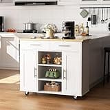 Shintenchi Kitchen Island with Storage, Kitchen Island Cart on Wheels with 3 Open Shelves, 2 Drawers and 2 Cabinets, Rolling Kitchen Table with Large Countertop, White