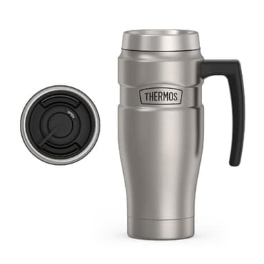THERMOS Stainless King Vacuum-Insulated Travel Mug with Handle - 16oz, Matte Steel - Thermos Tumbler for Hot & Cold Drinks - Leak-Proof & Sweat-Proof Stainless Steel Coffee Mug with Lid for Commuting