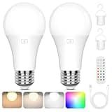 Rechargeable Battery Operated A19 Light Bulb with Remote Control 2 Packs, Dimmable Detachable LED Bulb with 15 Colors Selectable & 3 Timer, Wireless Puck Light Bulb for Wall Sconce, Non-Hardwired