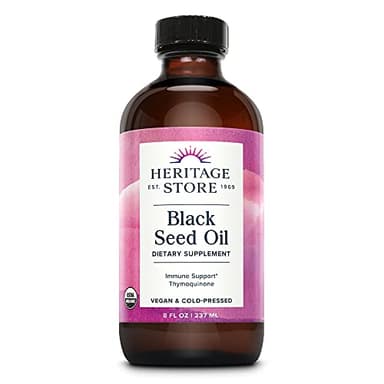 HERITAGE STORE Black Seed Oil, Organic, Cold Pressed Nigella Sativa Supplement with Thymoquinone, Omega 3 6 9, Antioxidant, Immunity, Cholesterol, Digestive, Heart & Join Health Support*, Vegan, 8oz