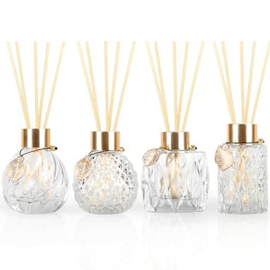 Trifolic 4-Piece Reed Diffuser Set with Metal Golden Decoration, 3.5-4.2oz Empty Bottles and 20 Reed Sticks, Unique Design for Home and Office (4 Different Bottles)