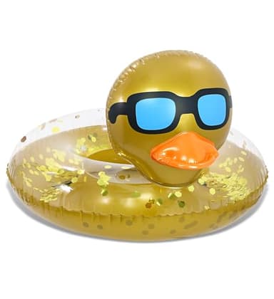 POZA Inflatable Duck Pool Float Tube- Heavy Duty Vinyl UV Resistant Confetti Pool Duck Floatie, Animal Pool Float Swim Ring Pool Inflatables for Kids and Adults for Beach, Party, Vacation - Gold