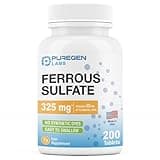 Puregen Labs Ferrous Sulfate 325 mg (65 mg Elemental Iron) High Potency Iron Supplement | No Artificial Color Additives - 200 Tablets Made in USA