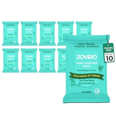 Zoviro Hand Sanitizer Wipes, Moisturizing With Tea Tree Essential Oil, Ultra-Soft 100% Viscose, Hand Wipes Travel Size, Tea Tree Scent, 20 Count (Pack of 10)