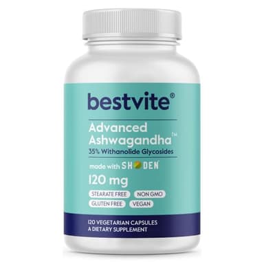 BESTVITE Advanced Ashwagandha 120mg w/Shoden (120 Vegetarian Capsules) - Clinically Studied Containing Industry Leading 35% Withanolide Glycosides - No Stearates - Vegan - Non GMO - Gluten Free
