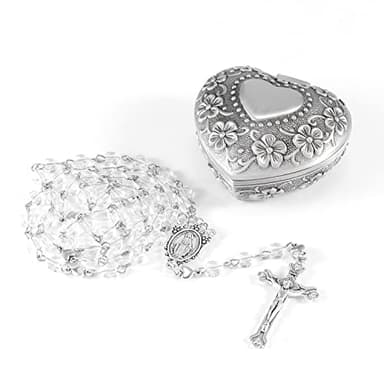 WHLHMK Rosary Beads Catholic for Girls With Rosary Box, White Crystal Heart Shaped Beads Necklace with Heart Shaped Vintage Jewelry Box, Anglican Prayer Beads Christian Gifts for Women