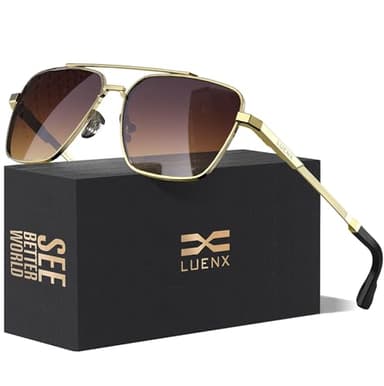 LUENX Aviator Sunglasses for Men Women Polarized，Square Polygon Gradient Brown Lens Gold Metal Frame 58MM