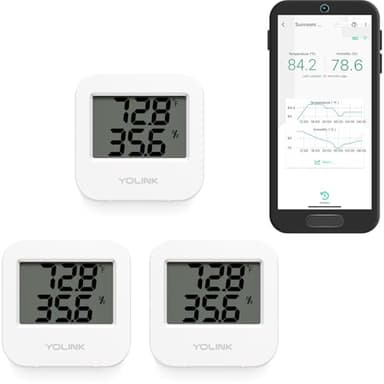 YoLink Smart Wireless Temperature & Humidity Sensor, 3-Pack, Wide Temp Range for Fridge, Green House, Pet Cage, App Alerts, Emails, Text/SMS alerts- Hub Required