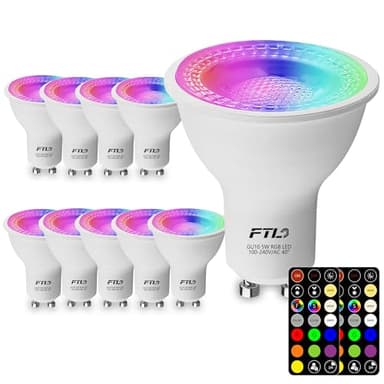 FTL GU10 LED Color Changing Light Bulb with Remote Control, RGB Dimmable Colored Light Bulbs 5W 40W Equivalent, 2700K-6000K， 30 Colors, Timer, Spotlight Bulb for Track Recessed Lighting 10-Pack