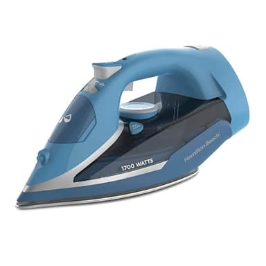 Hamilton Beach Steam Iron for Clothes & Garment Steamer with Durable Stainless Steel Soleplate, 1700 Watts for Ultra-Fast Heat, 8’ Retractable Cord, Auto Shutoff, 350 ml Water Tank, Blue (14216)