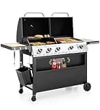 5 Burner Griddle Grill Combo, 2 in 1 Propane Gas BBQ Grill with Porcelain-Enameled Cast Iron Grates & Pan, Outdoor Flat Top Grill, 695 Sq. In. Propane Barbecue Grill for Camping Patio Backyard Balcony