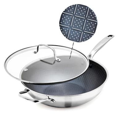 Blue Diamond Hybrid Nonstick Stainless Steel 12” Wok with Lid, PFAS-Free Ceramic Diamond Bond Stir-Fry Pan, Induction Ready, Dishwasher & Oven Safe, Metal Utensil Safe, Stay-Cool Handle, Silver