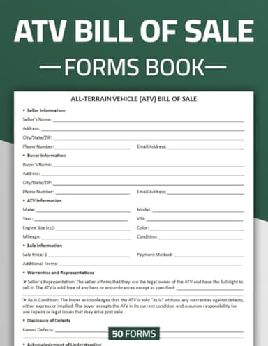ATV Bill of Sale Forms Book: All-Terrain Vehicle Bill of Sale Form | 50 Forms