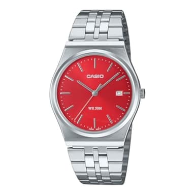 Casio MTP-B145D-4A2V Men's Vintage Stainless Steel Red Dial 3-Hand Analog Watch, Silver