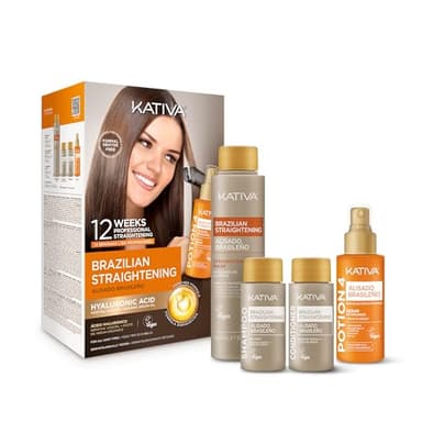 KATIVA Brazilian Keratin Straightening Kit - Alisado Brasileño Keratina + Potion 4 Heat Protectant Serum, Formaldehyde-Free Smoothing, Anti Frizz, Hyaluronic Acid, Argan Oil, Vegan, Up to 12 Weeks