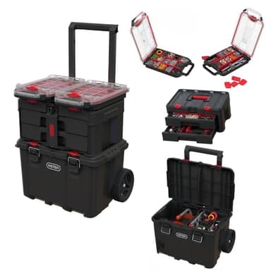 Stack N’ Roll 4-Piece Rolling Tool Storage System – Includes Large Rolling Tool Box, 2-Drawer Tool Box & 2 Tray Organizers | Modular Stackable Tool Storage with Wheels for Garage & Workshop
