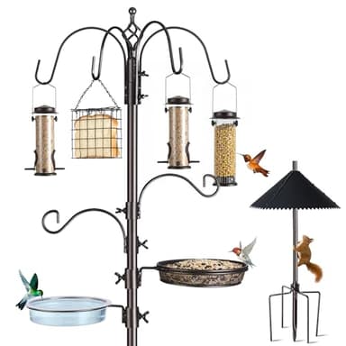 NestShld Bird Feeding Station Kit, 94 Inch Adjustable Birds Feeder Stand Pole with 6-Hook, Bird Bath and Mesh Tray, Curved Squirrel Baffle, Freestanding 5-Prong Base