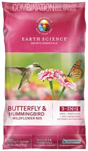 Earth Science Wildflower Butterfly & Hummingbird Mix—6 lb— 3-in-1 Premium Wildflower Seed, Plant Food and Soil Conditioners, Non-GMO for Bees, Hummingbirds, Butterflies, Pollinators