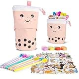 Primo Lines Kawaii Pencil Case and Complete 61 PCS Pink Stationary Set with Pop Up Cute Boba Case, 8 Pens, 50 Bubble Tea Stickers, Multi Color Pen For School Supplies