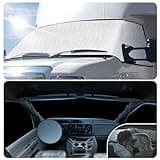 RV Windshield Cover with Steering Wheel Protector for Class C Ford E450 1997-2024 Motorhome,Windshield Cover for Ice and Snow RV Front Window Sunshade Cover RV Accessories(4 Layers with Mirror Cutout)