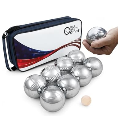 Idle Banter Boules Game Set - Flag Themed Carrying Case with 8 Premium 73 mm Petanque Balls, Fun & Portable Outdoor Lawn Game for All Ages, Classic French Sport for Skill & Strategy