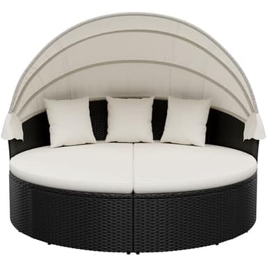 Homall Patio Outdoor Daybed with Retractable Canopy, Rattan Wicker Sectional Seating with Washable Cushions for Patio Backyard Porch Round Daybed Separated Seating (Beige)