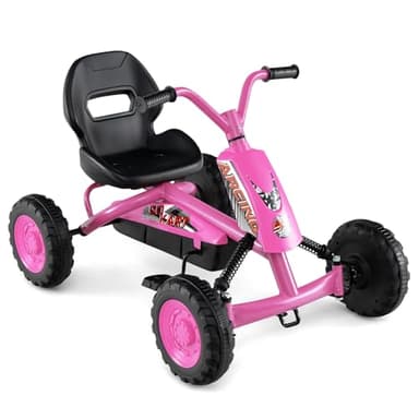 Costzon Go Kart for Kids, 4 Wheel Toddler Ride On Pedal Car with Steering Handlebars, Adjustable Seat, Outdoor Off-Road Racer Kiddie Cart, Toy Car Gift for Boys Girls Aged 3+ (Pink)