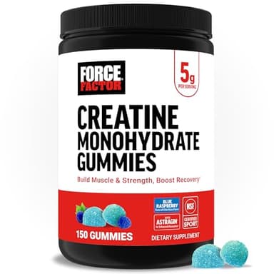 Force Factor Creatine Monohydrate Gummies, NSF Certified, 5g Dose for Men & Women to Support Muscle, Strength, Recovery, Cognitive Health & Memory, Packaging May Vary, Blue Raspberry, 150 Gummies