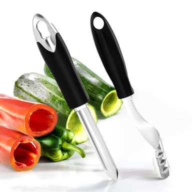 Jalapeno Pepper Corer & Zucchini/Cucumber Corer, Set of 2, Newness Stainless Steel Core Deseeder Kitchen Tool with Serrated Slice and Rubber Handle, Easy for Seed Remover or Slice off Vegetables tops