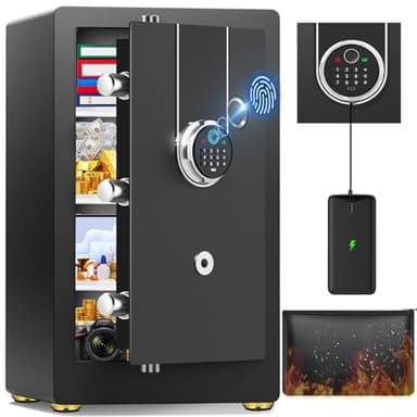 5.2 Cuft Biometric Safe Box with Fireproof Waterproof Bag, Fireproof Safe Large Document Storage Anti-Theft Dual Alerts, Mute Mode, Digital Security for Business