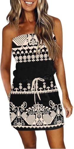 Womens Strapless Dress Off The Shlouder Floral Print Summer Fashion Backless Sexy Swimsuit Cover Up Beach Mini Sundress with Pockets