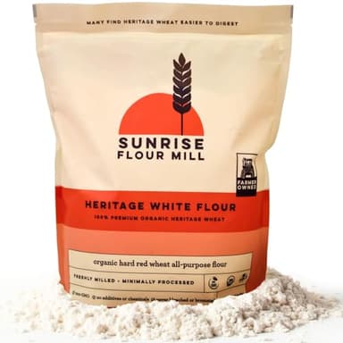 Sunrise Flour Mill Heritage Organic White Flour | USDA Organic All Purpose Flour Unbleached - Non-GMO, Kosher, Grown Without Glyphosate, High Protein for Baking, Unbromated White Wheat (80 Ounce (Pack of 1))