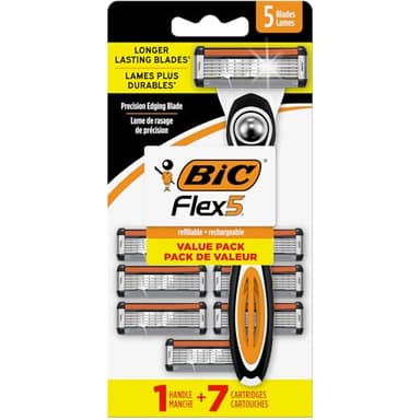 BIC Flex 5 Men's Refillable 5 Blade Razors, Long-Lasting and Comfortable Shave, 1 Handle and 7 Cartridges