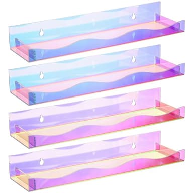 Hiceeden 4 Pack 15" Iridescent Acrylic Floating Shelves, Wall Mounted Floating Bookshelf Organizer for Room, Clear Nail Polish Sunglasses Display Shelf for Picture Ledge, Book, Funko Pop