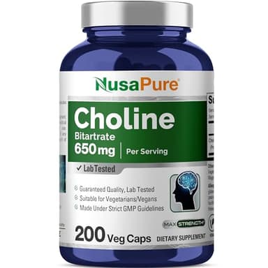 NusaPure Choline Bitartrate - Suitable for Vegetarian/Vegan, Non - GMO - 650 mg 200 Capsules