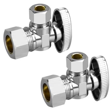 Stop Valves, 2 Pack 1/2" × 3/8" Angle Stop Valve, 1/2" Nominal (5/8" OD Comp.) Angle Input, 3/8" OD Compression Output, 1/4 Turn, Chrome Plated Brass for Kitchen, Faucet, Toilet Valves