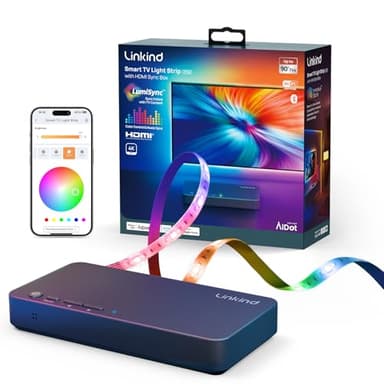 Linkind AI Sync TV Backlight Kit, HDMI 2.0 LED Strip with Decor Lighting for Home, Sync to Movie/Game/Music, 4K@60Hz for 27-90 inch TVs, Works with Alexa and Google Assistant