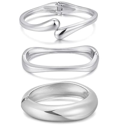 Chunky Silver Bangle Bracelets for Women, Dainty 14k Silver Plated Big Stackable Bangles Set, Trendy Cuff Bracelet Stack Fashion Jewelry Gifts (A1-silver)