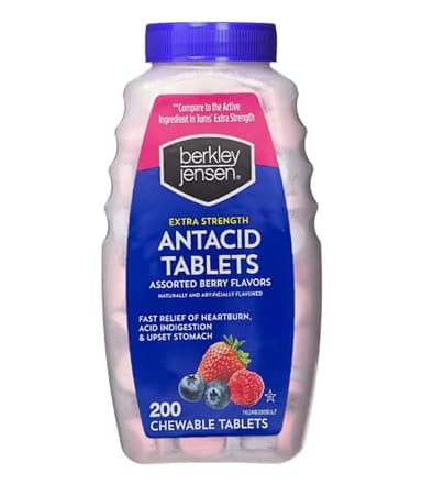 berkley jensen Extra Strength Antacid Tablets Chewable - 750mg Calcium Carbonate Antacids for Heartburn, Acid Indigestion, Upset Stomach Relief - Assorted Berry Flavor - 200 Count (Pack of 1)