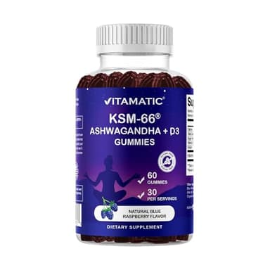Vitamatic KSM-66® Ashwagandha + D3 Gummies – Natural Blue Raspberry Flavor – Sugar Free, Gluten Free, Non-GMO – 60 Gummies