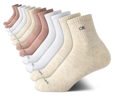 Calvin Klein Women's High Quarter Socks - 12 Pack Terry Cushion Breathable Athletic Crew Socks for Women (Shoe Size: 4-10), Size Shoe Size: 4-10, Beige Assorted