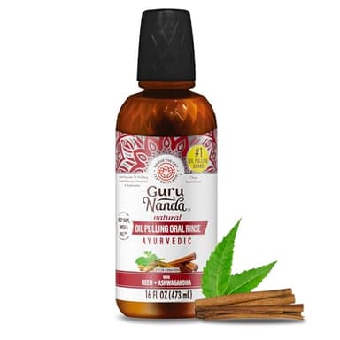 GuruNanda Cinnamon Oil Pulling Mouthwash, Promotes Calmness, with Neem & Ashwagandha for Fresh Breath & Happy Gums, Alcohol-Free, 16 Oz