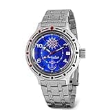 Vostok | Sea Captain Amphibian Automatic Self-Winding 40mm Diver Wrist Watch | WR 200m | Amphibia 420374 | Blue Dial Mechanical Watch | Luminous dots | Steel Bracelet